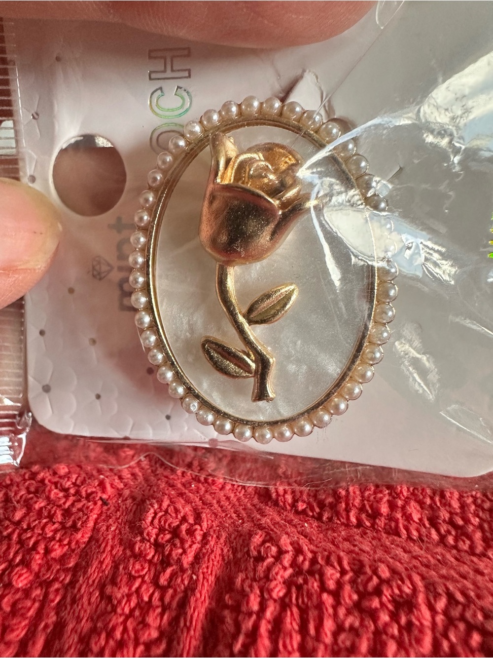 Gold Rose Cameo Brooch with Pearl Frame